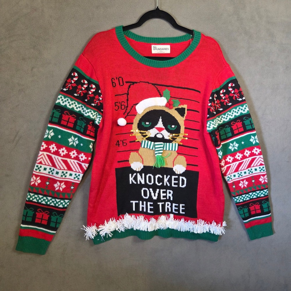 No Boundaries Cat Mugshot Ugly Christmas Sweater Women's XXL Holiday Tacky